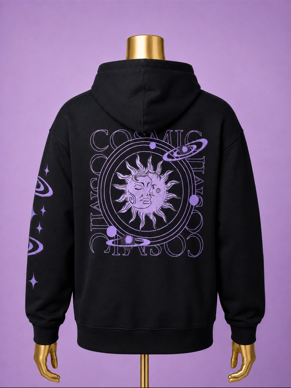 Black Hoodie with Purple Cosmic Sun Graphic - Men